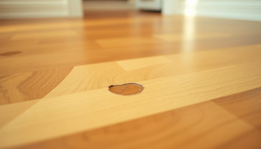 A well-lit hardwood floor close-up, showcasing a small, discolored scratch. The foreground focuses on the damaged area, with a sense of urgency conveyed through a low camera angle and a shallow depth of field. The middle ground displays the surrounding pristine flooring, emphasizing the contrast and the need for repair. The background is slightly blurred, creating a sense of depth and drawing the viewer's attention to the central subject. The lighting is warm and natural, casting soft shadows that accentuate the texture of the wood. The overall mood is one of problem-solving, with a practical and solution-oriented approach to addressing the minor flaw in the flooring.