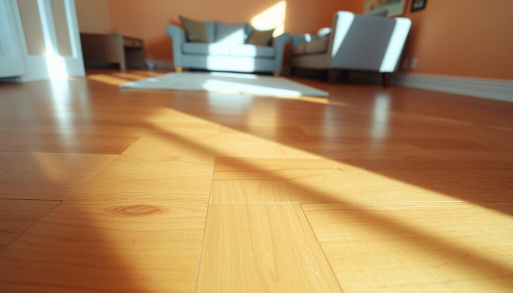 A well-lit hardwood floor in a cozy living room. In the foreground, a close-up view showcases a few small, distinct scratches and dents on the wooden surface. The lighting casts subtle shadows, accentuating the texture and imperfections. In the middle ground, the rest of the floor stretches out, with a few pieces of furniture casting soft, diffused shadows. The background features a warm, inviting wall color, creating a harmonious, natural atmosphere. The overall scene conveys a sense of everyday wear and tear, highlighting the common causes of minor floor damage.