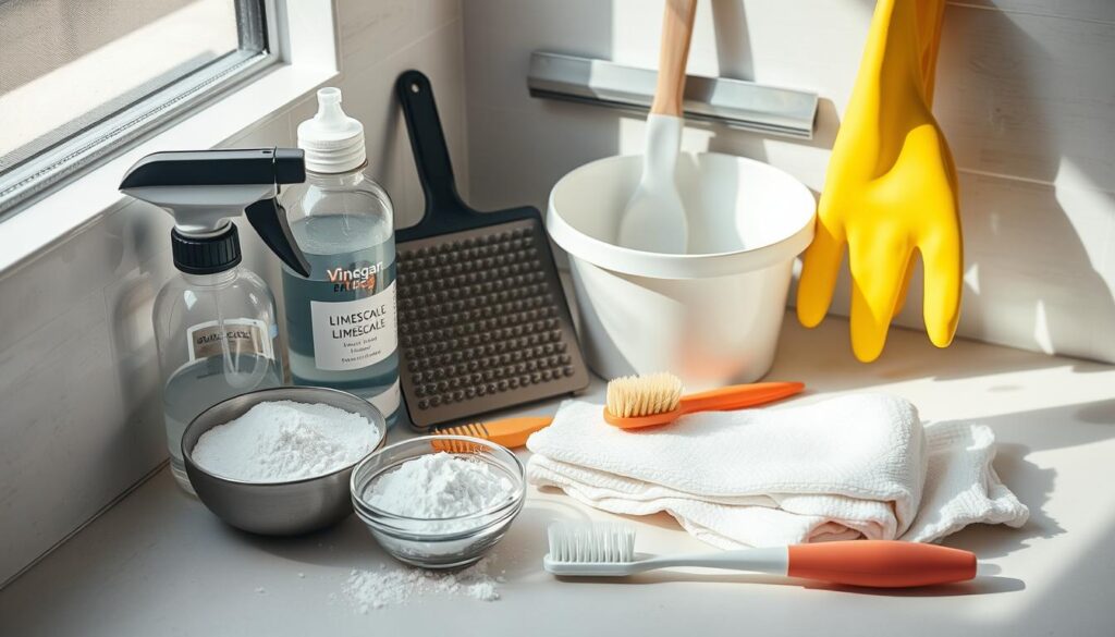 A well-lit, high-angle shot of a meticulously arranged collection of tools for effectively cleaning limescale and water stains. In the foreground, a small bowl of baking soda, a scrub brush, and a spray bottle filled with a vinegar-based cleaning solution. The middle ground features a stainless steel scouring pad, a soft cloth, and a toothbrush for hard-to-reach areas. In the background, a small bucket, a squeegee, and a pair of rubber gloves hang neatly on a hook, conveying a sense of organized efficiency. The image has a clean, minimalist aesthetic, with a bright, airy atmosphere that underscores the simplicity and effectiveness of the tools for tackling stubborn water buildup.