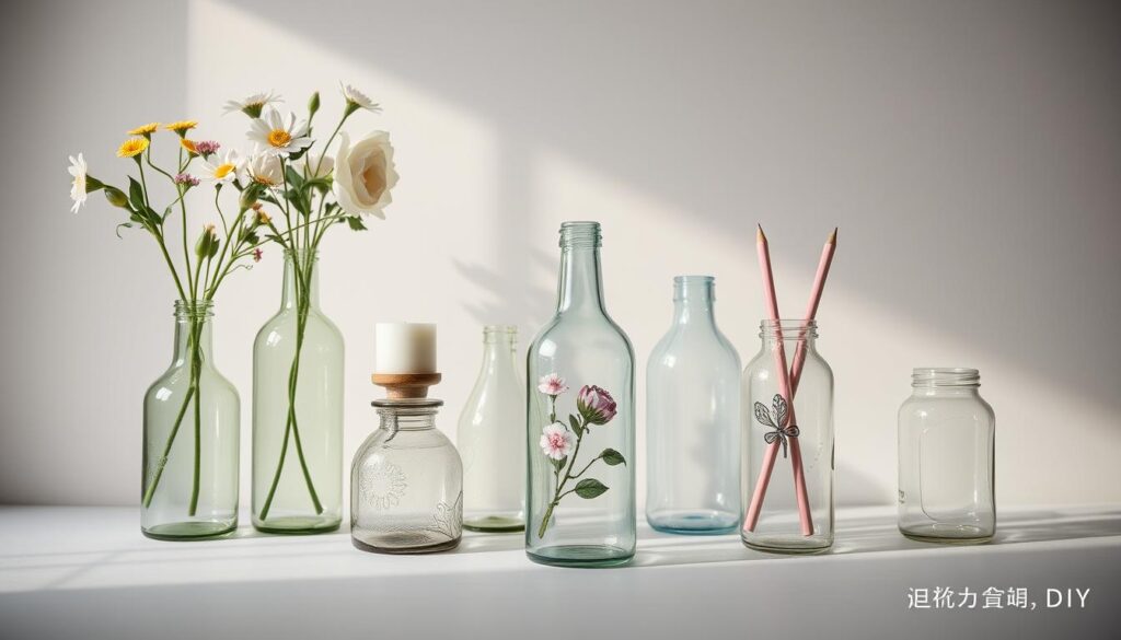 A well-lit, neatly arranged still life showcasing a collection of thoughtfully repurposed glass bottles. In the foreground, a variety of bottles transformed into functional and decorative objects - a vase overflowing with fresh flowers, a candleholder, and a stylish storage jar. In the middle ground, a glass bottle has been meticulously painted with a delicate floral motif, its contents now serving as a unique pencil holder. The background features a simple, neutral-toned surface, allowing the handcrafted items to take center stage. Soft, diffused lighting casts gentle shadows, highlighting the texture and craftsmanship of the upcycled pieces. The overall scene conveys a sense of creativity, practicality, and a touch of rustic charm, perfectly embodying the spirit of "初心者でもできる！簡単DIYリメイク3選".