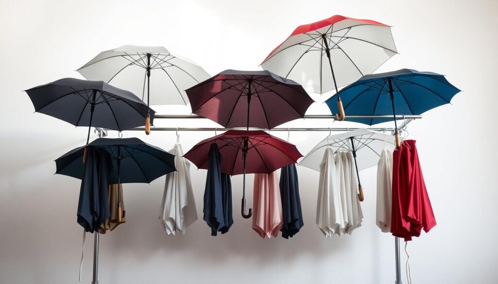 A well-lit open-air drying rack stands against a plain white wall, displaying a neatly arranged array of open umbrellas in various stages of drying. The umbrellas, in a range of colors and styles, are positioned to capture the optimal airflow, their canopies spread wide to expose the interior fabric. Soft, diffused natural light filters in, creating a sense of tranquility and order. The scene conveys a methodical, step-by-step approach to properly drying umbrellas, highlighting the importance of thorough air circulation and careful arrangement for a quick, efficient drying process.