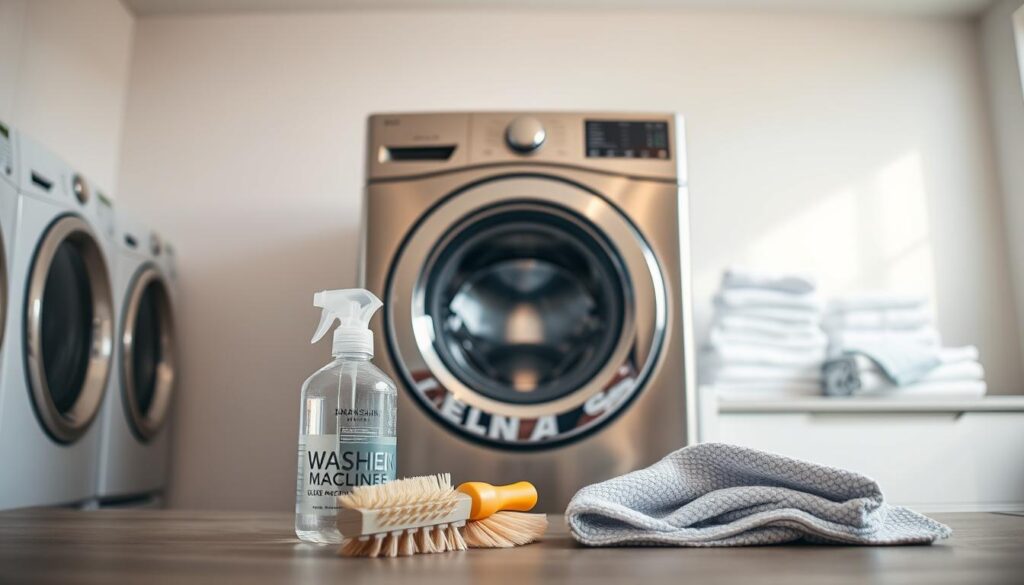 A well-lit, spacious laundry room with a gleaming, modern front-loading washing machine at the center. The machine's stainless steel exterior reflects the soft overhead lighting, conveying a sense of cleanliness and efficiency. In the foreground, a selection of cleaning supplies - a bottle of washing machine cleaner, a scrub brush, and a microfiber cloth - are neatly arranged, ready to be used for a thorough maintenance routine. The background features neatly folded towels and freshly washed clothes, hinting at the successful completion of a laundry cycle. The overall scene radiates a feeling of control and organization, perfectly capturing the essence of maintaining a clean and well-functioning washing machine.