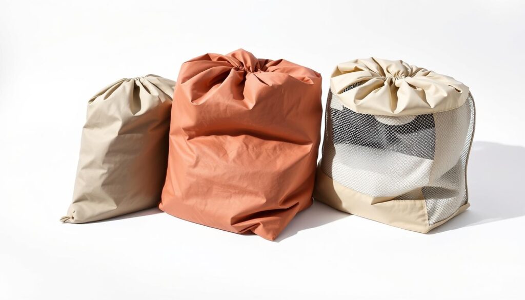 A well-lit studio scene showcasing three neatly folded, compact laundry bags in a variety of muted, earthy tones. The bags are positioned at an angle, allowing for a clear view of their unique designs and materials - lightweight nylon, durable polyester, and breathable mesh. Soft shadows cast below the bags create depth and dimension. The background is a simple, uncluttered white backdrop, placing the focus entirely on the laundry bag products. The overall mood is clean, organized, and informative, inviting the viewer to closely examine the key features of these practical, space-saving laundry storage solutions.