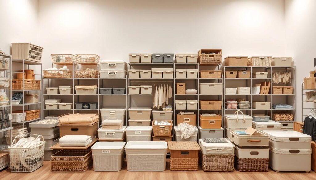 A well-organized and neatly arranged collection of storage solutions from a 100-yen store, featuring a variety of containers, baskets, and organizers in soft, muted tones. The foreground showcases a range of practical storage items, meticulously displayed against a clean, minimalist background, creating a sense of order and efficiency. The middle ground includes a mix of stackable boxes, hanging shelves, and versatile storage units, all designed to maximize space and keep belongings tidy. Subtle lighting from above casts a warm, inviting glow, highlighting the textures and materials of the 100-yen store items. The overall atmosphere conveys a feeling of calm, organized living, perfectly aligning with the section's focus on creating a 100-yen store-based storage system.