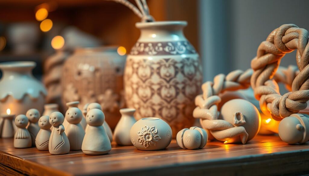 a detailed arrangement of clay ornaments, including a set of miniature clay figurines, a ceramic vase with intricate patterns, and a decorative clay wreath on a wooden table, all illuminated by warm, diffused lighting creating a cozy, handcrafted atmosphere, shot with a medium-wide angle lens to capture the full scene