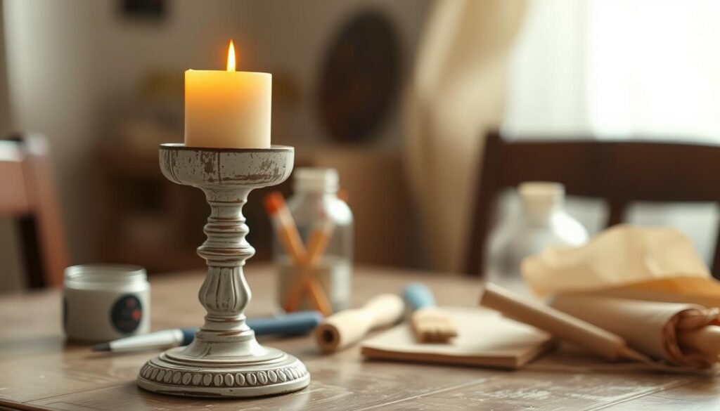 A beautifully crafted vintage candleholder, its surface weathered and distressed, stands prominently in the foreground. Soft, warm lighting casts a gentle glow, highlighting the intricate patterns and textures of the remodeled piece. In the middle ground, an array of simple craft supplies - paint, brushes, sandpaper - suggest the thoughtful DIY process that transformed this once-ordinary object. The background is hazy and blurred, creating a cozy, intimate atmosphere, allowing the candleholder to be the focal point. The overall scene conveys a sense of charm, craftsmanship, and the satisfaction of giving new life to a cherished item.