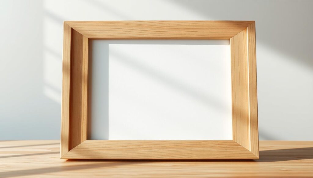 A carefully crafted wooden Hinoki frame, its smooth grain and natural texture captured in a detailed sketch. The frame stands prominently in the foreground, casting soft shadows that add depth and dimension. In the middle ground, a blank sketchbook page awaits artistic expression, its crisp white surface contrasting with the warm tones of the wooden frame. The background is subtly blurred, allowing the frame and sketchbook to take center stage. Soft, natural lighting gently illuminates the scene, highlighting the organic beauty of the Hinoki wood and the potential for creative inspiration. The overall mood is one of simple elegance and artistic potential, perfectly suited to showcase the unique characteristics of this versatile display piece.