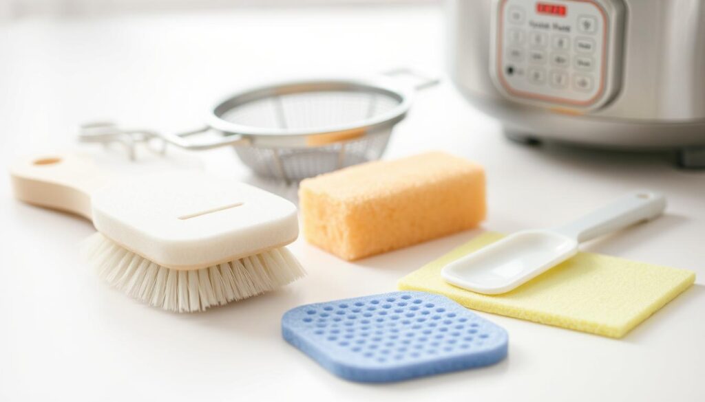 A close-up, high-resolution photograph of a tidy arrangement of cleaning tools for a rice cooker. In the foreground, a soft-bristled brush, a sponge, and a small scrub pad neatly laid out on a light-colored surface. In the middle ground, a stainless steel mesh strainer and a small, curved spatula. In the background, a glass bowl or container, possibly filled with a mild cleaning solution. The lighting is soft and diffused, creating a clean, minimalist, and organized atmosphere. The focus is sharp, and the depth of field is shallow, drawing the viewer's attention to the essential tools for thoroughly cleaning a rice cooker's interior.