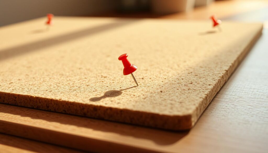 A close-up shot of a cork board with a soft, matte finish. The board is approximately 2-3 cm thick, showcasing the distinct texture and grain of the cork material. The surface is punctured with a few push pins, highlighting the board's functionality. The lighting is warm and natural, casting gentle shadows that accentuate the tactile quality of the cork. The background is slightly blurred, keeping the focus on the board's intricate details and its suitability for the intended purpose of decorative and practical use in an entryway setting.
