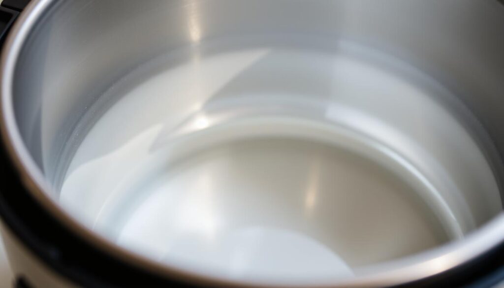 A close-up view of a clean, gleaming rice cooker inner pot, illuminated by soft, diffused lighting. The pot's surface reflects the light, showcasing its spotless, polished appearance. The background is blurred, placing the emphasis on the well-maintained inner pot. The scene conveys a sense of orderliness, cleanliness, and attention to detail, perfectly capturing the essence of proper rice cooker inner pot maintenance.