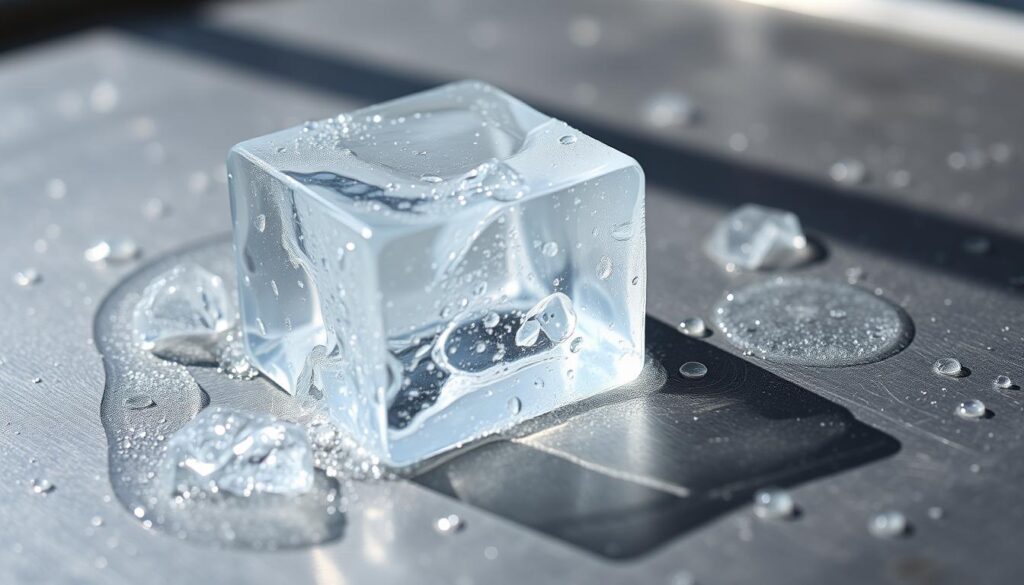 A close-up view of a frozen ice cube melting on a metal surface, revealing the intricate patterns of water droplets and bubbles as the ice slowly transforms into a clear liquid. The scene is bathed in soft, natural lighting, casting subtle shadows and highlights that accentuate the dynamic nature of the phase change. The camera angle is slightly tilted, offering an engaging perspective that draws the viewer into the delicate process of water management during the defrosting of frozen foods.