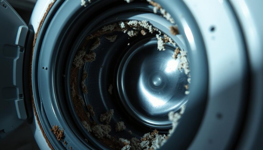 A close-up view of a washing machine's interior, showcasing the key areas where mold and mildew tend to accumulate. The image should capture the damp, dark crevices and seals, highlighting the hidden nooks and crannies that are breeding grounds for fungal growth. The lighting should be soft and moody, casting shadows that emphasize the textured surfaces and emphasize the unseen microbial activity. The angle should be slightly from above, providing a detailed, technical perspective that conveys the underlying mechanisms behind mold formation in washing machines.
