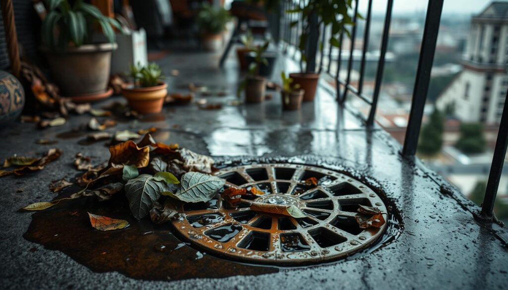 A cluttered balcony with a clogged drain, water pooling around a rusted metal grate. Damp leaves and debris obscuring the opening, causing a stagnant puddle to form. Dim, overcast lighting casts long shadows, highlighting the neglected state of the drainage system. The scene conveys a sense of disrepair and the need for maintenance. In the foreground, a close-up view of the drain, showcasing the accumulated grime and obstruction. The middle ground features the balcony's concrete floor, surrounded by potted plants and outdoor furniture. The background blurs into a hazy urban landscape, emphasizing the importance of this domestic space. The overall mood is one of frustration and the desire to remedy the drainage issue.