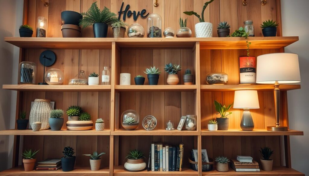 A cozy and inviting bookshelf filled with potted succulents, terrariums, and natural decor elements. The shelves are made of warm, weathered wood, creating a rustic and soothing ambiance. Soft, diffused lighting from sconces and table lamps casts a gentle glow, accentuating the textures and colors of the plants and accessories. The overall composition has a harmonious, calming theme, with each item carefully selected to complement the natural, tranquil aesthetic. The camera angle captures the shelves from a slightly elevated perspective, showcasing the thoughtful arrangement and balanced proportions of the display.