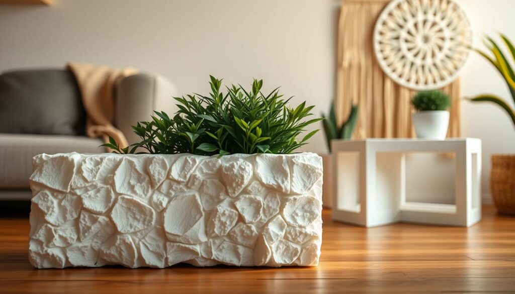 A cozy and inviting scene showcasing the versatile applications of expanded polystyrene (EPS) foam. In the foreground, a well-crafted DIY planter box made from repurposed EPS pieces, its textural surface complementing the lush greenery it houses. In the middle ground, a sleek and modern side table fashioned from EPS blocks, its clean lines and lightweight design making it an ideal piece for small spaces. In the background, a charming wall hanging composed of intricate EPS shapes, adding depth and visual interest to the composition. Warm, diffused lighting illuminates the scene, highlighting the innovative ways in which this often-overlooked material can be transformed into practical and stylish home decor.