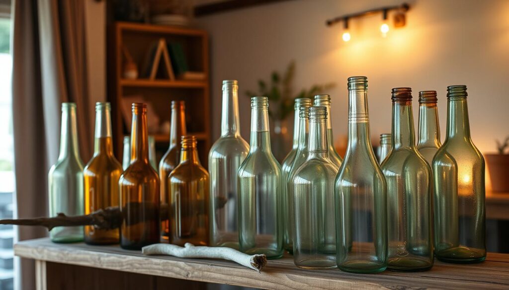 A cozy and rustic interior showcasing the repurposed beauty of empty glass bottles. In the foreground, a cluster of clear and amber bottles of various shapes and sizes are arranged artfully on a wooden shelving unit, casting soft, diffused lighting throughout the space. The middle ground features a mix of natural elements like driftwood, greenery, and textured fabrics that complement the bottle's organic forms. In the background, a neutral-toned wall and warm, incandescent lighting create a relaxed, inviting atmosphere, highlighting the versatility and charm of these once-discarded vessels now elevated as unique home decor.