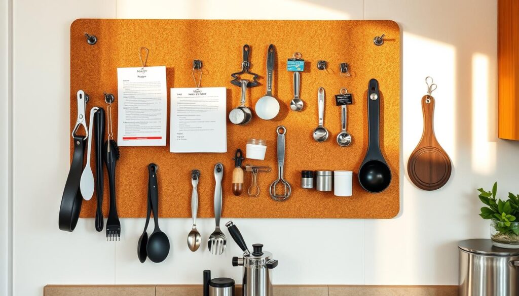 A cozy kitchen corner with a well-organized cork board, its surface adorned with a variety of practical kitchen accessories. The cork board is positioned on a light-colored wall, illuminated by warm, natural lighting that casts a soft glow. On the board, an assortment of hooks, clips, and miniature containers hold essential items such as recipes, measuring spoons, and small utensils, creating a visually appealing and functional display. The overall composition exudes a sense of order and efficiency, perfectly capturing the utilitarian yet stylish nature of this kitchen organization solution.