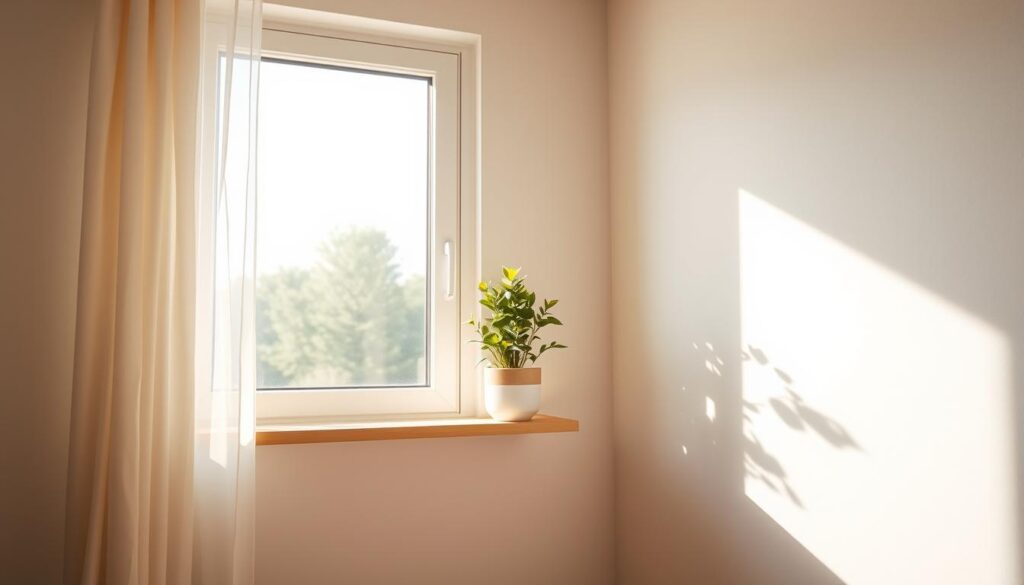 A cozy, well-lit corner of a room with a small, lush plant on a minimalist, floating shelf positioned below a large, sun-drenched window. The soft, natural light filters in, casting a warm, inviting glow on the scene. Delicate, wispy curtains frame the window, adding a touch of elegance. The plant's vibrant foliage and the harmonious arrangement of the shelf and window create a harmonious, serene atmosphere, showcasing how to efficiently utilize limited space while bringing the outdoors in.