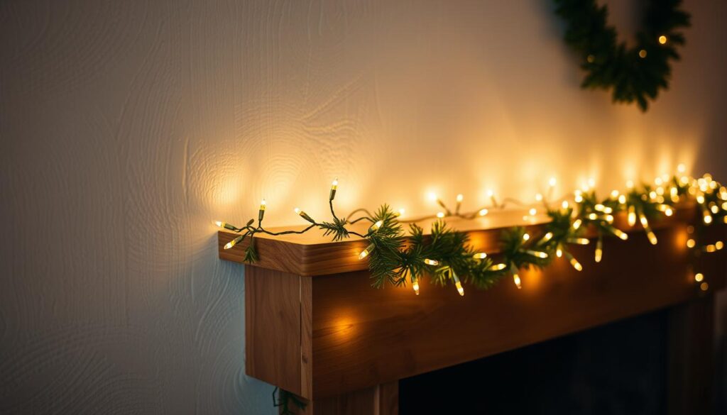 A cozy, well-lit indoor scene featuring a delicate garland strung with warm, twinkling fairy lights. The garland is artfully draped along a wooden mantel or shelf, casting a soft, inviting glow throughout the space. The background is a subtly textured wall, perhaps a neutral tone like white or beige, allowing the garland to take center stage. The overall mood is one of intimate comfort and elevated ambiance, creating an atmosphere akin to a charming cafe or lounge. The composition is balanced and visually appealing, with the garland as the clear focal point.