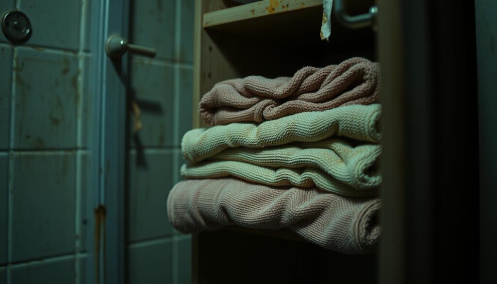 A damp, musty-looking bathroom interior, with an open cabinet revealing a stack of old, discolored bath towels. The towels have a faint, sour odor emanating from them, captured in a moody, low-key lighting setup with a warm, slightly muted color palette. The scene conveys a sense of neglect and the unpleasant consequences of not properly caring for and maintaining bath linens. The focus is on the towels, with the background environment providing context and a sense of place.