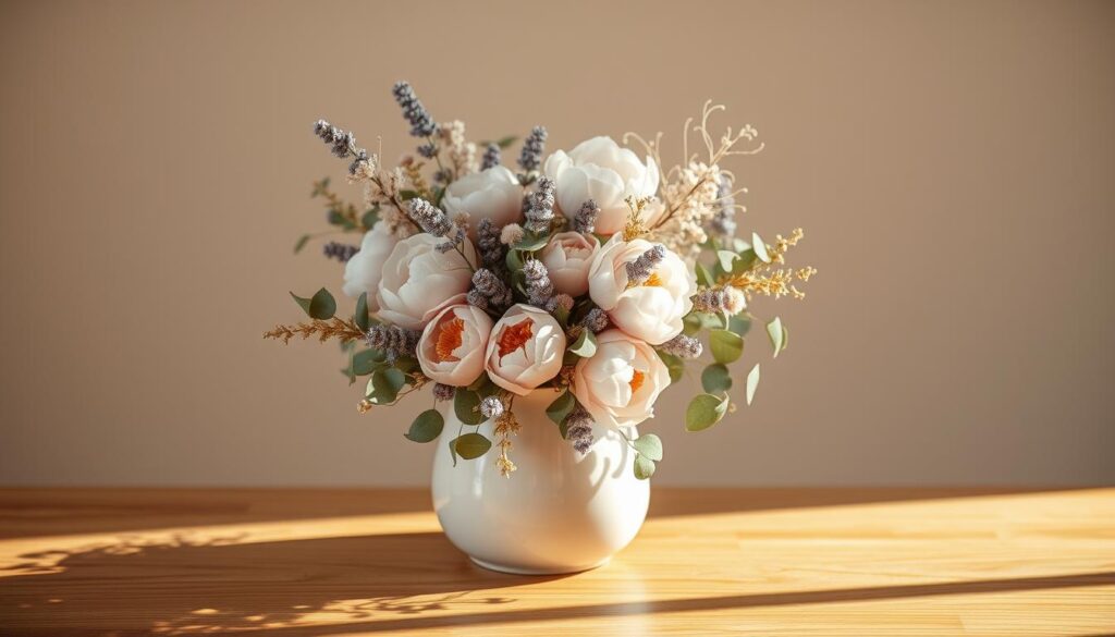 A delicate arrangement of lifelike faux dried flowers nestled in a sleek, minimalist ceramic vase. The focal point is a lush bouquet of muted pastel blossoms, including soft pink peonies, lavender sprigs, and wispy eucalyptus stems. The vase is positioned on a wooden tabletop, bathed in warm, directional lighting that casts gentle shadows and highlights the natural textures. The overall mood is one of effortless elegance and tranquility, perfectly suited to adorn a stylish living space or bedroom as part of a thoughtful, Instagram-worthy floral display.
