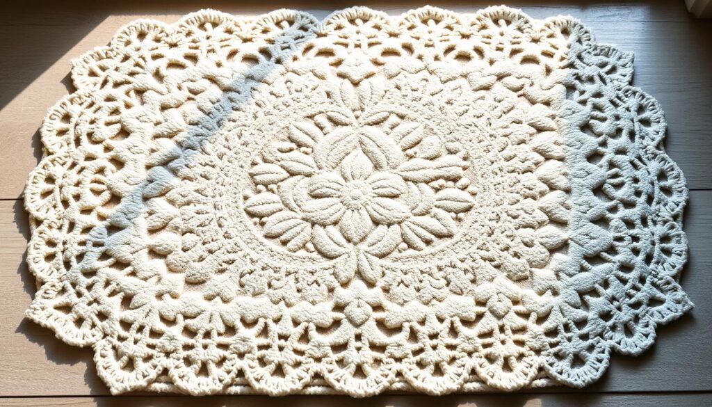 A delicate floral pattern adorns the surface of a soft, absorbent mat. The mat, designed to catch dust and debris, sits invitingly at the entryway, its surface resembling a delicate lace doily. Crisp lighting illuminates the subtle textures, casting gentle shadows that accentuate the mat's three-dimensional form. The overall composition suggests a sense of practicality seamlessly blended with a touch of whimsical elegance, perfectly suited to complement the modern decor of a welcoming home.