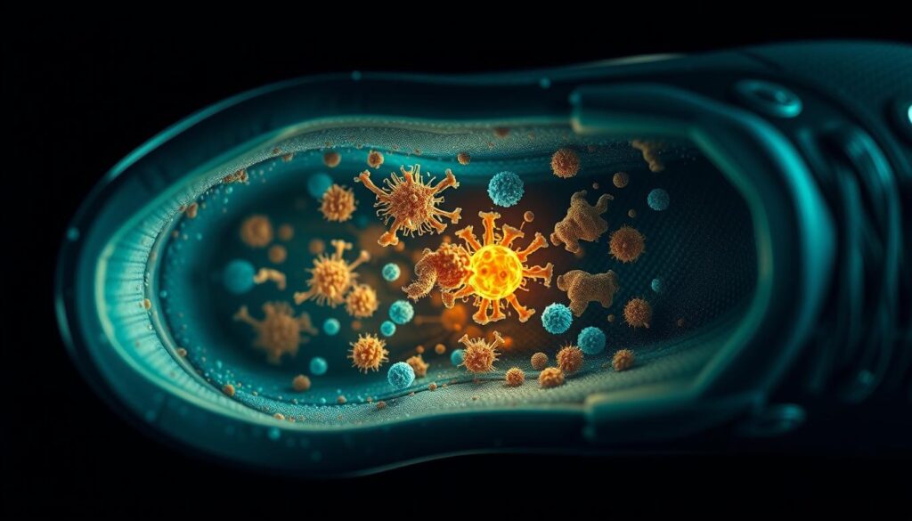 A detailed cross-section of a shoe's interior, showcasing the proliferation of microbial life. Illuminate the intricate mechanisms by which bacteria and fungi thrive within the damp, dark confines of footwear. Render the scene with a clinical, scientific aesthetic, utilizing crisp lighting and precise technical illustration. Depict the complex microbiome in vivid detail, capturing the dynamic interplay of microorganisms as they colonize the shoe's materials. Convey a sense of the unseen dangers lurking within our everyday accessories, underscoring the importance of proper shoe hygiene and maintenance.