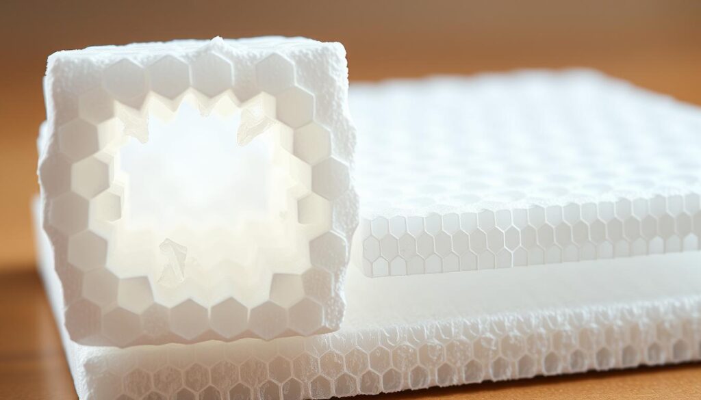 A detailed cross-section of expanded polystyrene (EPS) foam, showcasing its cellular structure and unique properties. The foreground features a highly magnified view of the intricate network of individual foam beads, each with a delicate honeycomb-like interior. The middle ground transitions to a wider perspective, revealing the porous and lightweight nature of the material. In the background, a soft, diffused lighting enhances the translucent quality of the EPS, highlighting its insulating and shock-absorbing capabilities. The overall scene conveys a sense of scientific curiosity and a deeper understanding of the fundamental characteristics of this versatile and commonly used plastic foam.