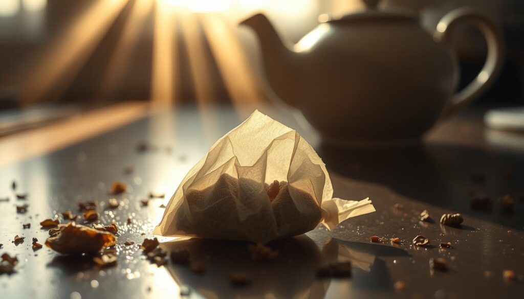 A dimly lit kitchen counter, a crumpled tea bag nestled amidst scattered crumbs and droplets of moisture. Beams of soft, warm light filter through the window, casting a hazy glow on the scene. The tea bag's delicate paper casing appears slightly swollen, its edges fraying, a testament to the insidious effects of humidity. In the background, the outline of a ceramic tea pot and a few stray tea leaves hint at the source of this atmospheric dampness. The composition evokes a sense of quiet contemplation, inviting the viewer to ponder the causes and solutions to this common household conundrum.