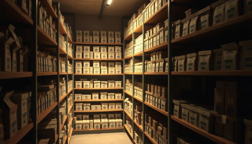 A dimly lit storage room, shelves lining the walls, housing neatly stacked boxes of untouched tea bags. Soft, indirect lighting casts a warm glow, preserving the freshness and delicate aromas of the tea. The room is dry, temperature-controlled, and free from humidity, ensuring the tea remains flavorful and aromatic for an extended period. Carefully arranged to maximize space, the boxes are meticulously labeled, allowing for easy identification and access. The atmosphere is one of tranquility and preservation, a sanctuary where the tea's potency is safeguarded against the ravages of time and the elements.