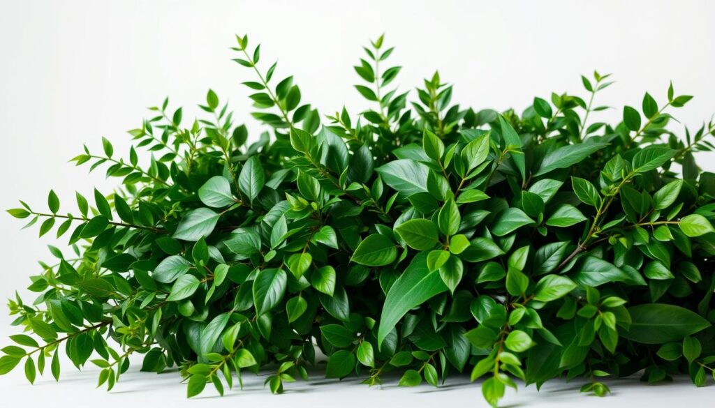 A lush, verdant arrangement of faux greenery, showcasing a variety of realistic-looking leaves and stems. The arrangement is meticulously crafted, with each element carefully positioned to create a harmonious, visually striking composition. The lighting is soft and diffused, casting gentle shadows that accentuate the threedimensional quality of the leaves. The background is a clean, neutral palette, allowing the vibrant foliage to take center stage. The overall mood is one of tranquility and natural beauty, inviting the viewer to appreciate the beauty of these artificial plants and the ways they can enhance a living space.