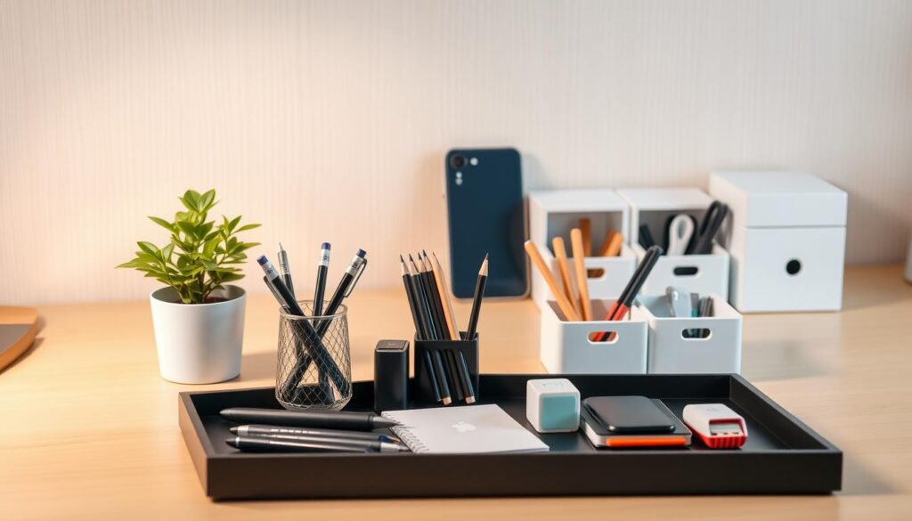 A meticulously organized desk with a minimalist, Japanese-inspired aesthetic. In the foreground, a sleek, black desk tray holds a variety of neatly arranged office supplies - pens, pencils, and a small potted plant. The middle ground features a trio of compact, white storage bins, each containing carefully curated office essentials. The background showcases a clean, well-lit workspace, with the desk nestled against a simple, wood-paneled wall. Soft, diffused lighting casts a warm glow, creating a sense of tranquility and efficiency. The overall composition emphasizes the art of streamlined organization, reflecting the "トレイ 小物 整理 100均" strategy for a clutter-free, visually appealing workspace.