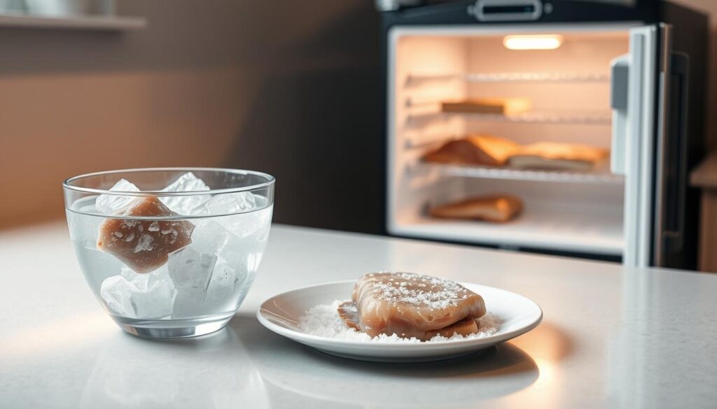 A minimalist, high-resolution image of a kitchen counter or surface displaying three distinct methods of low-temperature food defrosting. In the foreground, a glass bowl filled with ice water, with a frozen item partially submerged. In the middle ground, a plate with a piece of frozen meat or seafood, surrounded by a sprinkle of salt crystals. In the background, a compact refrigerator with its door ajar, revealing a tray of frozen goods inside. Soft, warm lighting illuminates the scene, creating a calm, informative atmosphere. The focus is on the simple, effective techniques for rapid, gentle food thawing, showcasing the efficiency and care of a professional chef's approach.