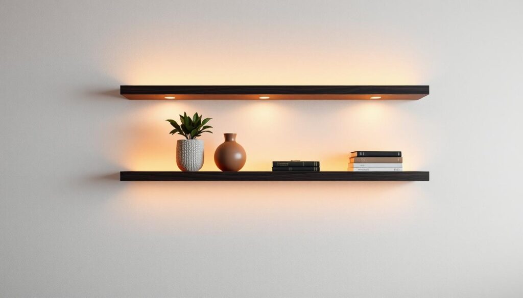 A minimalist, yet visually striking display on a set of floating shelves with a textured groove pattern. The shelves are bathed in warm, diffused lighting, casting a soft, inviting glow on the carefully curated selection of decorative objects, including a potted plant, a ceramic vase, and a small stack of books. The background is a neutral, slightly textured wall, allowing the display to take center stage. The overall composition is balanced, highlighting the versatility and visual appeal of a shelving system with distinct grooves, perfect for showcasing a variety of items in a stylish, modern interior.