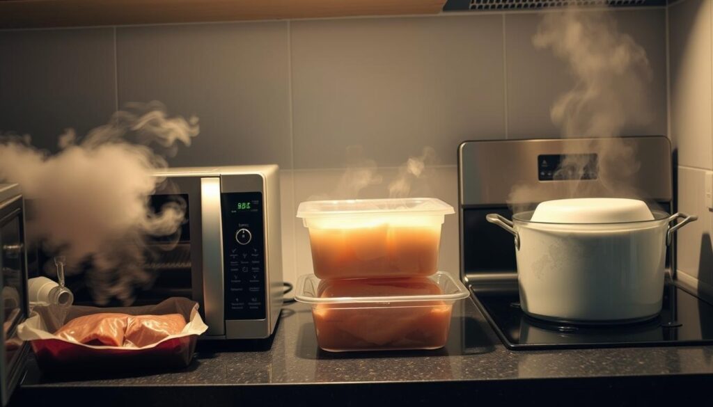 A modern kitchen countertop, dimly lit from above, showcasing various unhealthy and damaging methods of defrosting frozen food. In the foreground, a microwave oven with steam billowing out, haphazardly thawing a package of meat. To the side, hot water running over a tightly sealed plastic container, slowly melting the contents. In the background, a stovetop with a pot of boiling water, the frozen block submerged, creating an unsightly, uneven thaw. The overall scene conveys a sense of rushed, careless, and potentially unsafe practices, contrasting with the article's focus on effective, time-saving, and responsible defrosting techniques.