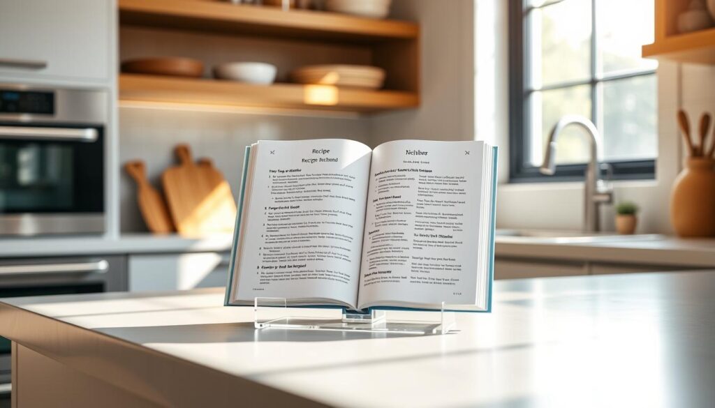 A modern kitchen countertop with a freestanding, acrylic recipe stand displaying an open cookbook. The stand is minimalist and transparent, allowing the recipe to be easily read. The kitchen has bright, natural lighting from a window, casting a warm glow on the scene. The counter is clean and uncluttered, allowing the recipe stand to be the focal point. The overall mood is one of simplicity, functionality, and culinary inspiration.
