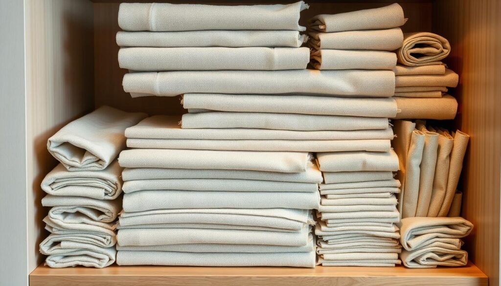 A neatly arranged display of linen-wrapped napkins, meticulously folded and stacked, creating a visually appealing and functional storage solution. The lighting casts a soft, warm glow, highlighting the natural textures and neutral tones of the linen, seamlessly blending with the surrounding minimalist, Scandinavian-inspired interior. The overall composition conveys a sense of order, simplicity, and a harmonious integration of practical storage and aesthetic appeal, embodying the essence of the "ナプキン リネン 収納 インテリア" concept.