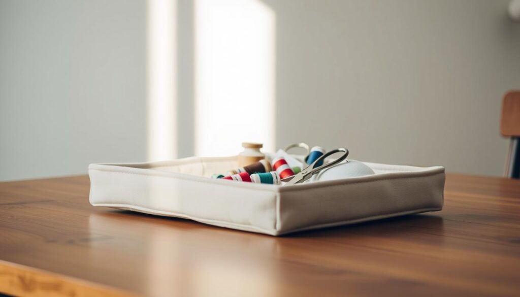 A neatly arranged fabric tray on a wooden table, illuminated by soft, natural lighting. The tray is handcrafted, with a simple yet elegant design featuring clean lines and a neutral color palette. The fabric has a subtle texture, adding depth and visual interest. In the foreground, the tray is filled with various sewing supplies, including spools of thread, scissors, and a pincushion, showcasing its practical yet stylish storage capabilities. The background features a minimalist, uncluttered setting, allowing the tray to be the focal point. The overall scene conveys a sense of organization, craftsmanship, and a touch of rustic charm.