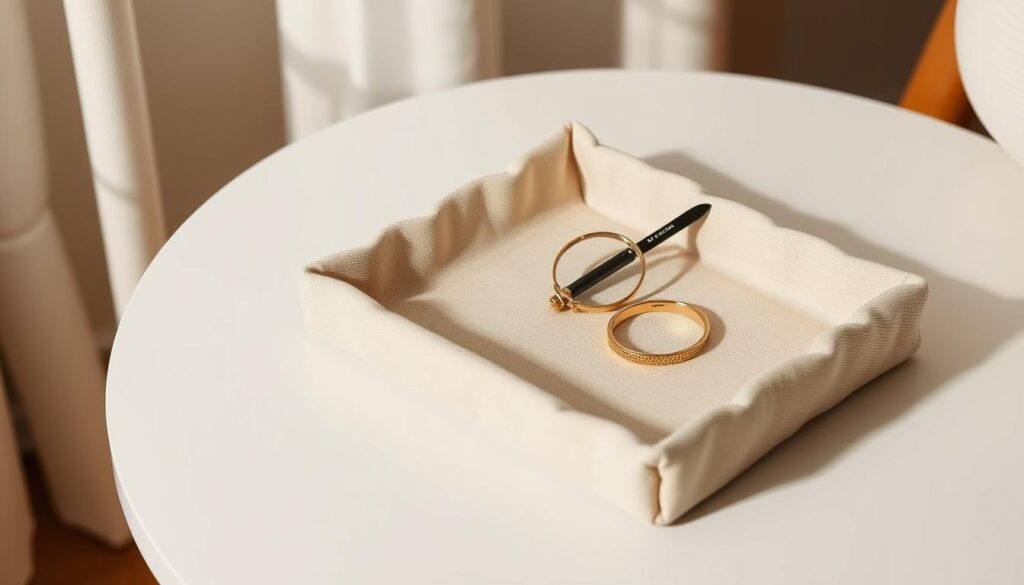 A neatly crafted handmade cloth tray, its soft, woven texture inviting the touch. Delicate folds and precise stitching create a stylish, minimalist design that blends seamlessly into a well-curated home decor. Soft, warm lighting accentuates the tray's natural fibers, casting gentle shadows that add depth and dimension. The tray sits atop a clean, uncluttered surface, its simple elegance the focus of the frame. This versatile piece effortlessly holds small trinkets, jewelry, or office supplies, elevating the mundane into something truly special. A testament to the beauty of handcrafted textiles, this cloth tray embodies the charm and practicality of the "布トレイ" aesthetic.