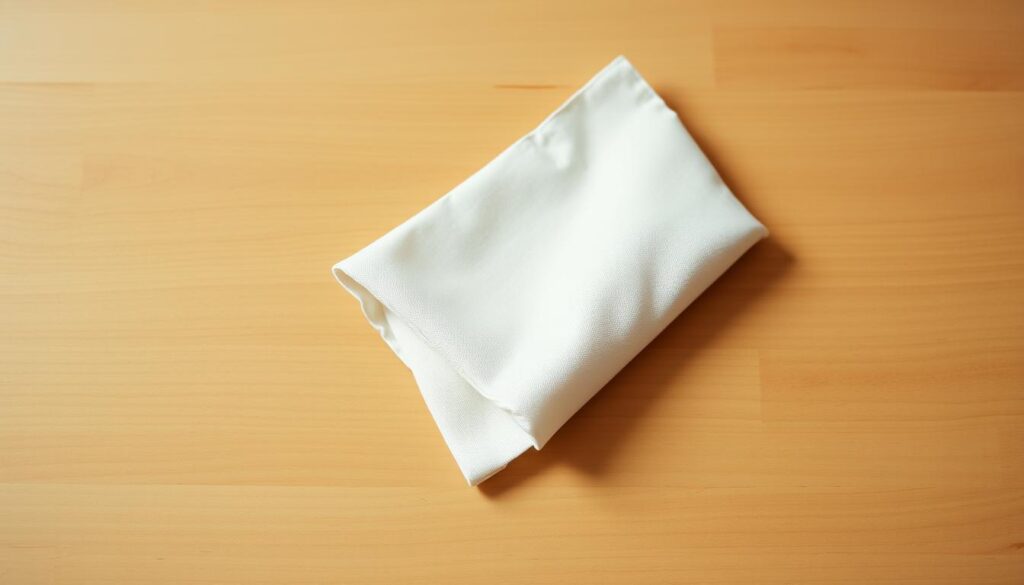 A neatly folded square linen napkin rests on a natural wooden surface, its clean lines and crisp folds casting soft shadows. The lighting is warm and diffused, accentuating the tactile quality of the fabric. The napkin is positioned to showcase its elegant square shape, with each corner precisely tucked and aligned. The background is minimalist, allowing the napkin to be the focal point, highlighting how this simple household item can become a refined decorative accent.