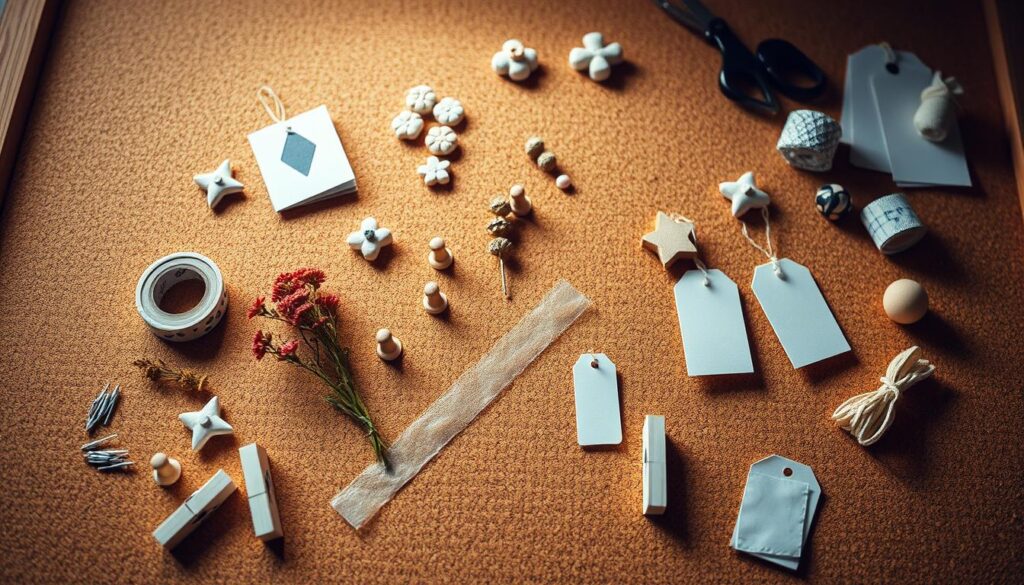 A neatly organized cork board filled with various handcrafted decorative pieces and small trinkets, showcasing the versatility and charm of a DIY cork board project. The cork surface has a warm, natural texture, complemented by the soft, diffused lighting from above, casting gentle shadows. In the foreground, several decorative push pins, washi tape, and miniature clothespins create a sense of tactile engagement. The middle ground features an assortment of handmade items, such as small wooden shapes, dried flowers, and personalized tags, arranged in a visually appealing and harmonious manner. The background subtly blends in, allowing the cork board and its creative contents to take center stage, inspiring viewers to consider crafting their own unique cork board masterpiece.