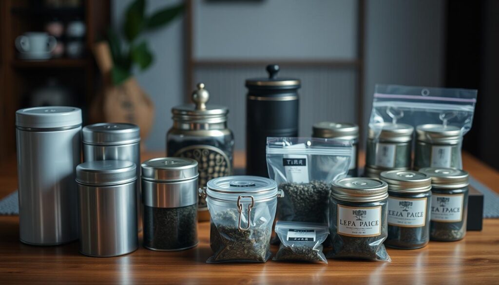 A neatly organized display of tea storage methods, showcasing the proper techniques to preserve freshness and prevent moisture damage. In the foreground, a series of air-tight canisters and resealable bags sit on a wooden surface, their contents protected from environmental elements. The middle ground features a tea caddy and a stack of sealed tea tins, their labels clearly visible. In the background, a blurred image of a traditional Japanese tea ceremony setup, hinting at the cultural significance of properly storing this revered beverage. Soft, diffused lighting creates a calming, contemplative atmosphere, emphasizing the importance of mindful tea preservation.