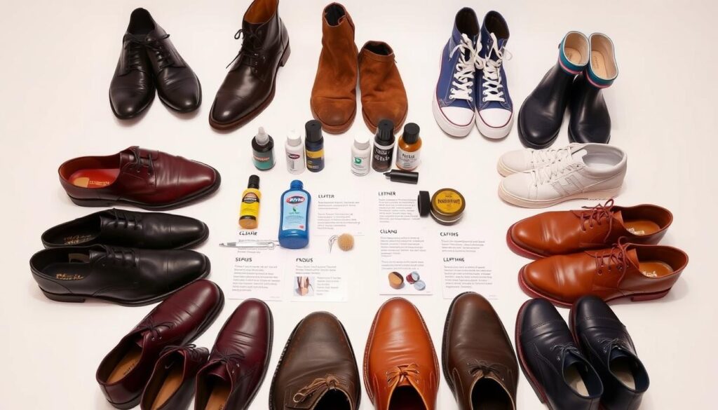 A neatly organized display showcasing the proper care and maintenance techniques for various types of shoes. In the foreground, a diverse array of footwear - leather dress shoes, suede ankle boots, canvas sneakers, and rubber rain boots - arranged with care. The middle ground features a clean, well-lit tabletop with an assortment of shoe care products - polishes, brushes, and conditioners - alongside detailed instructional cards describing the specific steps for cleaning and preserving each shoe material. The background is a simple, minimalist setting, allowing the focus to remain on the informative, visually appealing presentation of the shoe care methods.