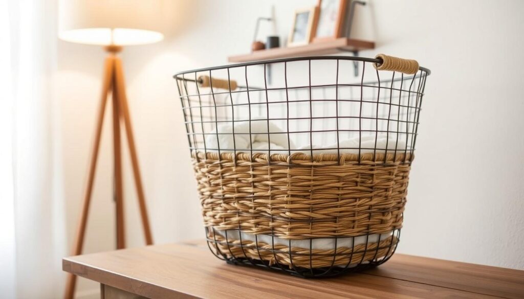 A rustic, handcrafted DIY laundry basket sits atop a wooden table, its intricate wire frame and natural woven accents complementing the cozy, earthy atmosphere of the room. Soft, diffused lighting from a nearby lamp casts a warm glow, highlighting the basket's unique texture and blend of industrial and organic elements. In the background, a minimalist wall shelf displays a few decorative accents, creating a harmonious, well-curated space that seamlessly integrates the custom-made laundry basket as a functional yet stylish design piece.