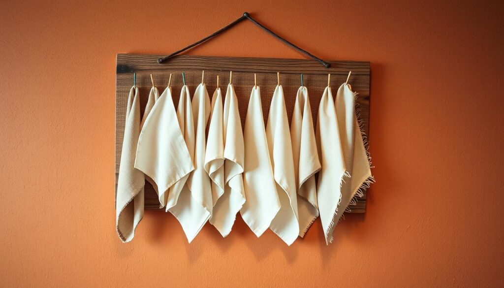 A rustic, handcrafted pinboard hangs elegantly on a warm, textured wall. An assortment of natural linen napkins, delicately pinned, create a captivating display. Soft, even lighting accentuates the organic materials, casting gentle shadows that add depth and dimension. The overall composition exudes a sense of casual sophistication, seamlessly blending utility and decor. The napkins, once mundane, now serve as a visually striking focal point, transforming the space into a harmonious intersection of function and aesthetics.