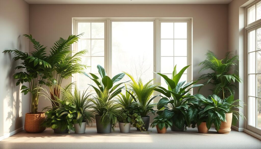 A serene and inviting interior scene featuring a lush, verdant faux plant display. The arrangement consists of several varieties of realistic-looking greenery, meticulously crafted to appear natural and vibrant without the need for watering or maintenance. Soft, diffused lighting filters through large windows, casting a warm, calming glow over the space. The plants are showcased against a neutral, minimalist backdrop, allowing their lifelike textures and colors to take center stage. The overall composition conveys a sense of tranquility and effortless elegance, perfectly capturing the appeal of low-maintenance, worry-free fake greenery for the modern, busy household.