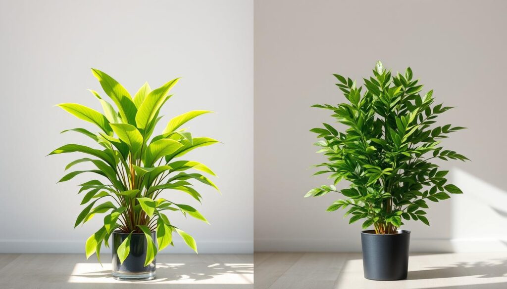 A side-by-side comparison of a lush, vibrant real houseplant and a meticulously crafted artificial one. The real plant stands tall in the foreground, its leaves gently swaying in a soft, natural light. The faux plant sits adjacent, its synthetic foliage perfectly still, catching the light in a slightly unnatural way. The background is a minimalist, serene setting, allowing the contrast between the living and the artificial to take center stage. Subtle shadows and highlights accentuate the textural differences, while the overall composition suggests a contemplative exploration of the merits and drawbacks of real versus fake greenery in home decor.