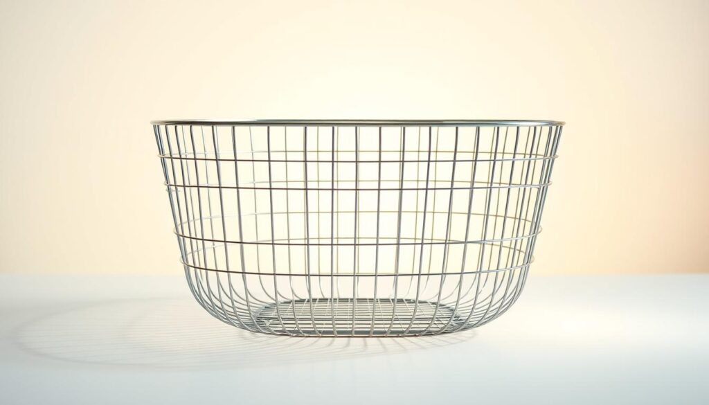 A sleek and minimalist stainless steel wire basket, its clean lines and open, airy design showcasing the inherent beauty of the metal. The basket sits atop a smooth, reflective surface, casting delicate shadows that add depth and dimension. Soft, diffused lighting illuminates the basket from above, highlighting the basket's intricate weave and casting warm, subtle highlights across the surface. The background is a simple, neutral palette, allowing the basket to take center stage and showcase its functional yet elegant form. The overall scene exudes a sense of modern simplicity and refinement, perfectly capturing the essential characteristics of this versatile wire storage solution.