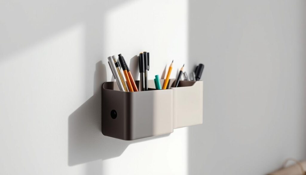 A sleek, minimalist wall-mounted pen holder made of lightweight yet durable materials, effortlessly organizing a variety of writing utensils. The holder features a clean, geometric design with a smooth, matte finish that complements any modern or minimalist decor. Carefully positioned at eye level, it offers convenient access to pens, pencils, and markers, streamlining the workspace and promoting a clutter-free, organized desk setup. Bathed in soft, natural lighting that accentuates the holder's simple elegance, the image conveys a sense of tranquility and refined style, embodying the essence of the "ペン ホルダー" section of the article.