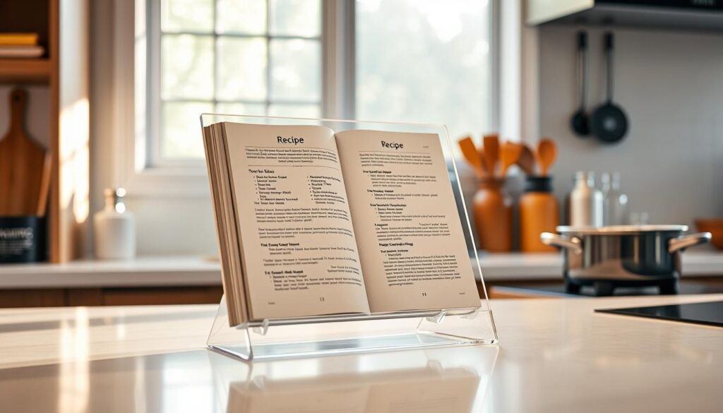 A sleek, modern recipe stand sits on a minimalist kitchen counter, its sturdy acrylic frame elegantly displaying a crisp, high-contrast recipe. Warm, natural lighting filters in from a nearby window, casting a soft glow on the meticulously organized cooking utensils and ingredients surrounding the stand. The stand's thoughtful design allows the user to read the recipe hands-free while cooking, seamlessly integrating the functionality of a cookbook with the aesthetics of a kitchen display. The overall scene conveys a sense of efficiency, organization, and culinary inspiration, perfectly complementing the section's focus on using a bookstand to enhance the kitchen experience.